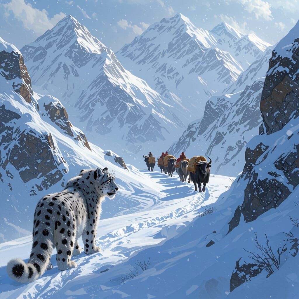 Snow Leopard Observes Yak Caravan in Himalayan Blizzard