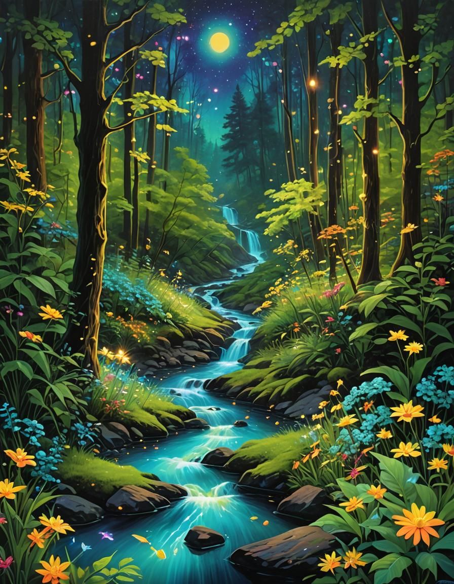 Bioluminescent Stream in Fantasy Forest Painting