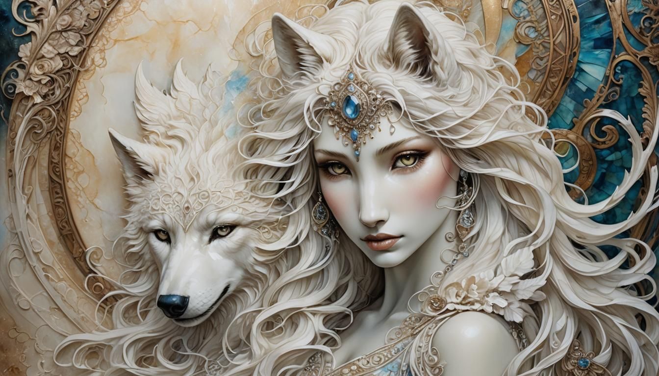 Woman and White Wolf in Steampunk Mixed Media