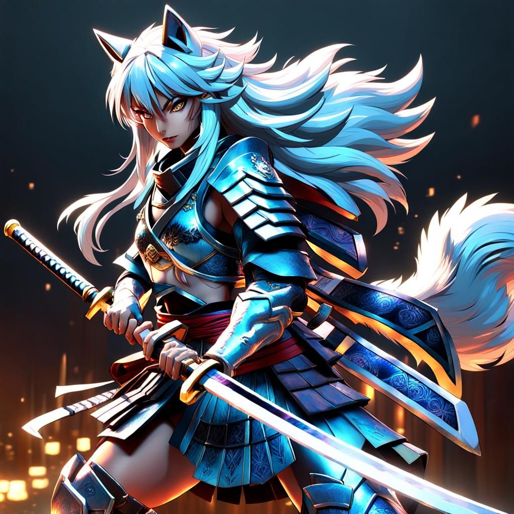 Raiden Shogun Wolf Girl with Samurai Sword in 3D Anime Style