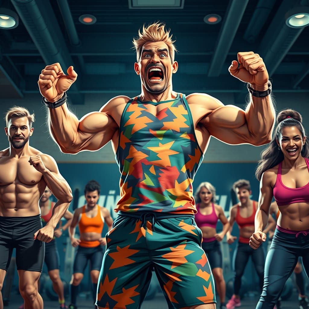 Comical Fitness Instructor Leading Intense Workout Session