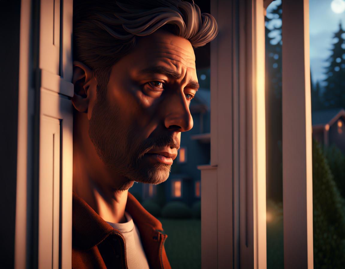 Sad Man Gazing Through Window: Hyperdetailed Digital Art