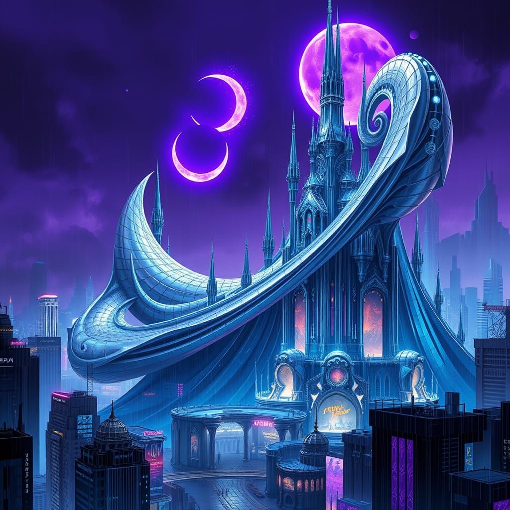 Cyberpunk Alien Palace Transforms into Purple Skies
