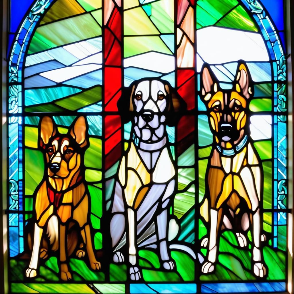 Medieval Stained Glass Dogs of War in Cubist Style