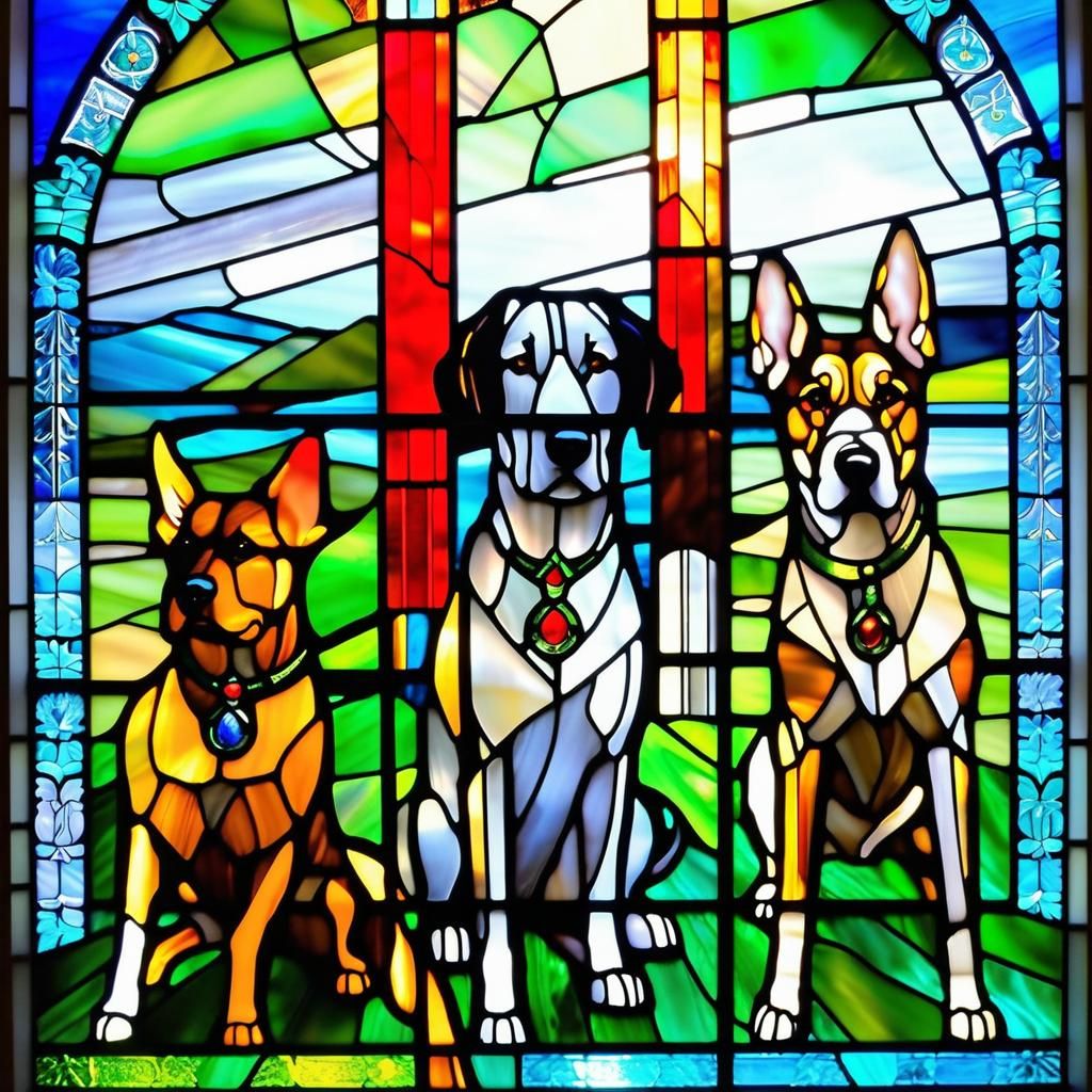 Medieval Stained Glass Dogs of War in Cubist Style