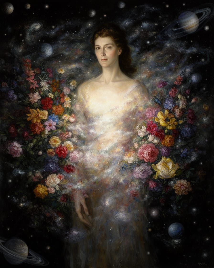 Surrealist Woman in Cosmic Floral Nebula Oil Painting