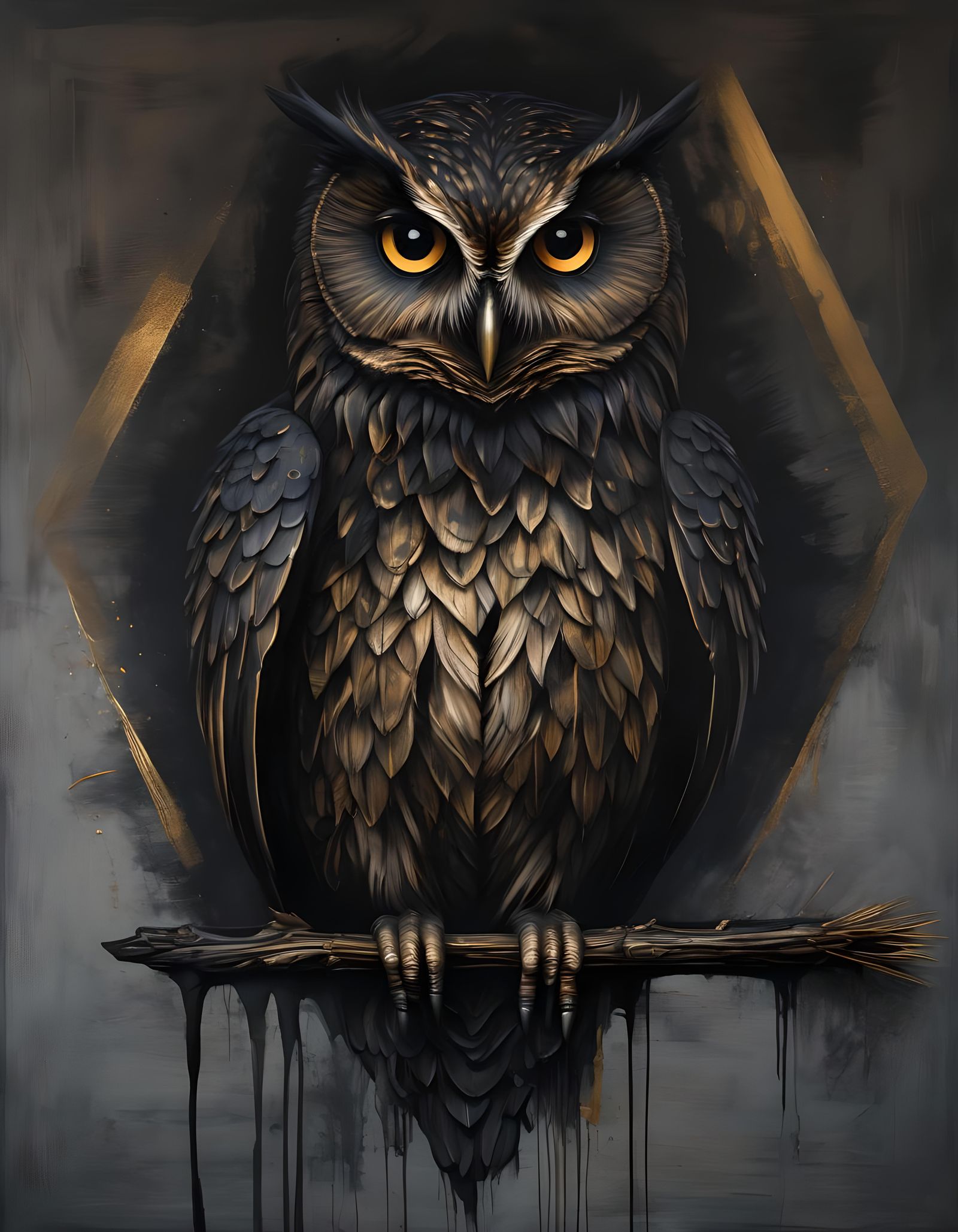 Detailed Geometric Owl Portrait in Grunge Style