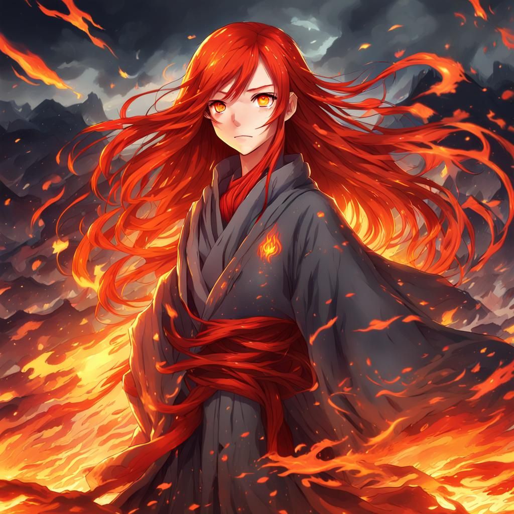 Fiery Redhead in Flames: Dynamic Digital Art