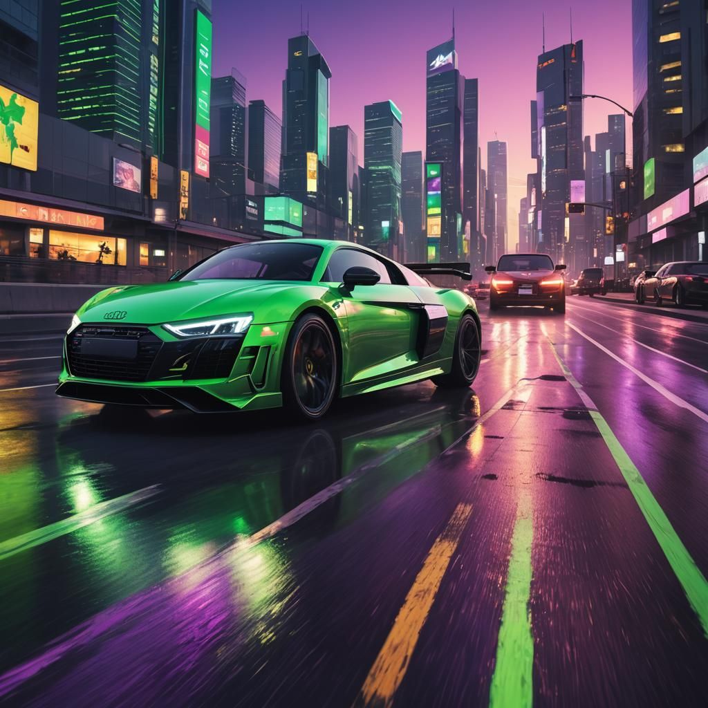 Audi R8 Speeding Down a Neon Cyberpunk Highway