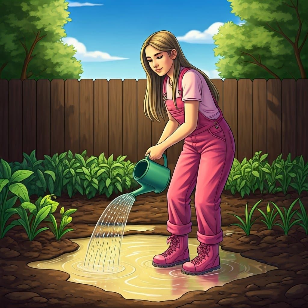 Gardening Girl with Blonde Hair in Pink Overalls
