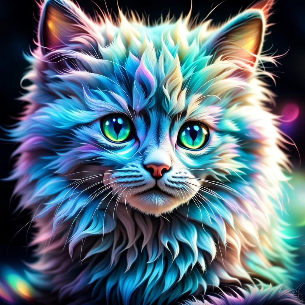 Surreal Iridescent Kitten with Glowing Eyes