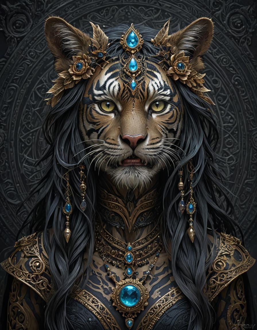 Ethereal Black Tiger Witch in Dark Fantasy Style