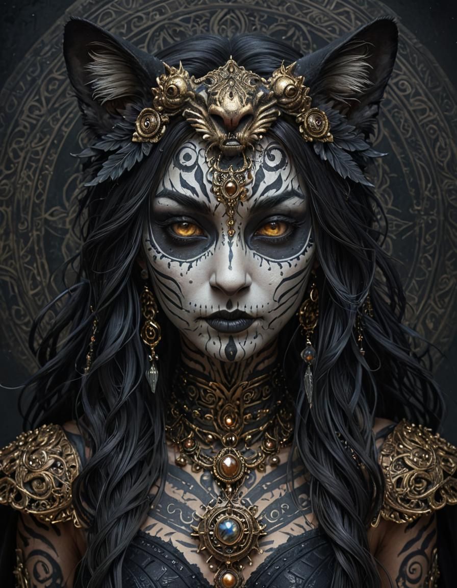 Ethereal Black Tiger Witch in Dark Fantasy Style