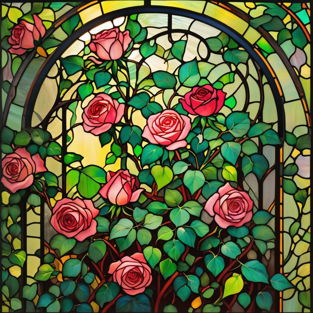 Luminous Art Nouveau Stained Glass Roses