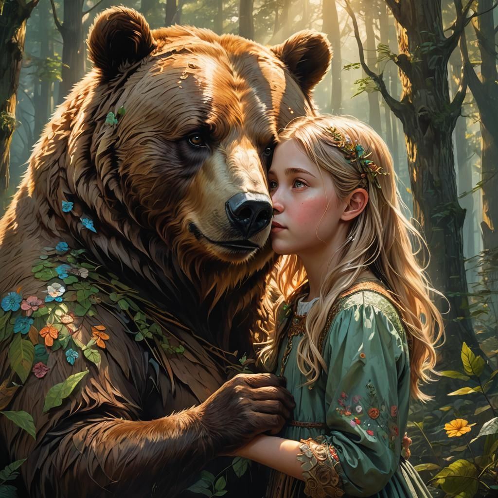 Enchanted Forest: Bear and Girl, Hyperrealistic Splash Art