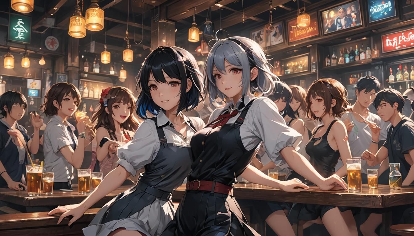 Anime Style Bar Scene with Dancing Figures