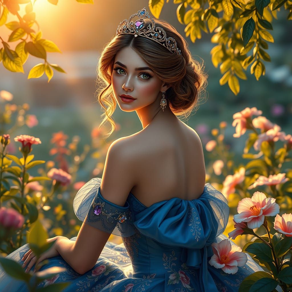 Elegant Princess in Whimsical Garden at Sunset