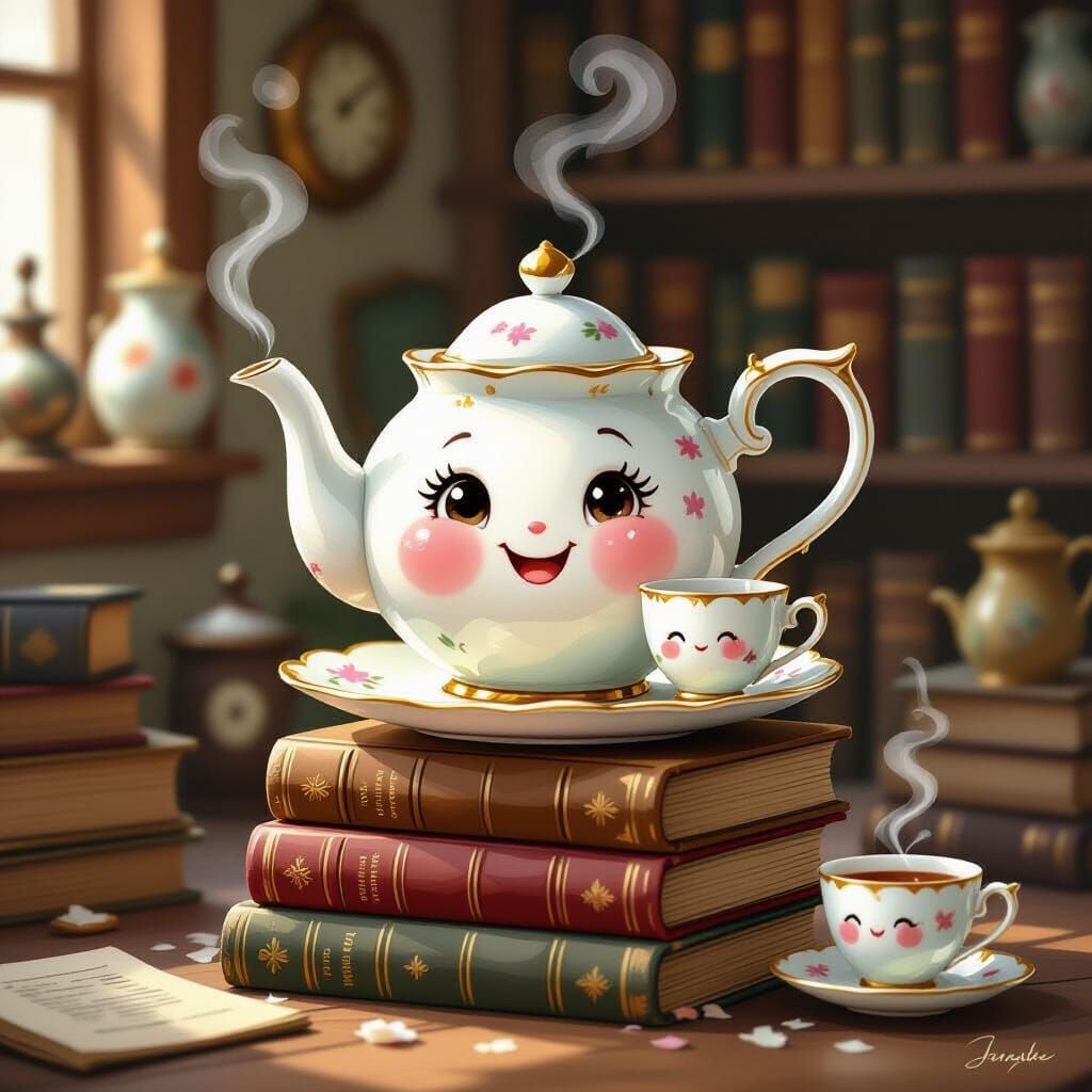 Whimsical Teapot on Books in Storybook Style
