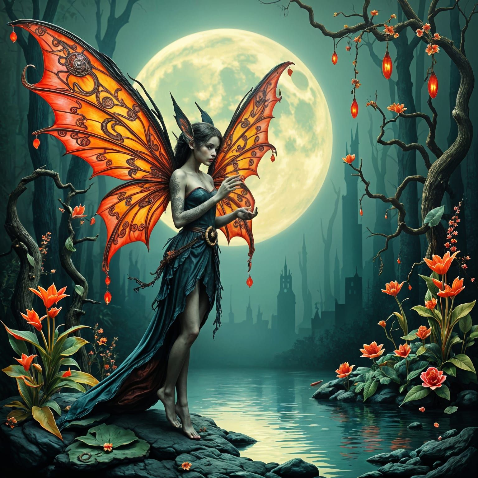 Red Fairy Gazing at Pond Reflection