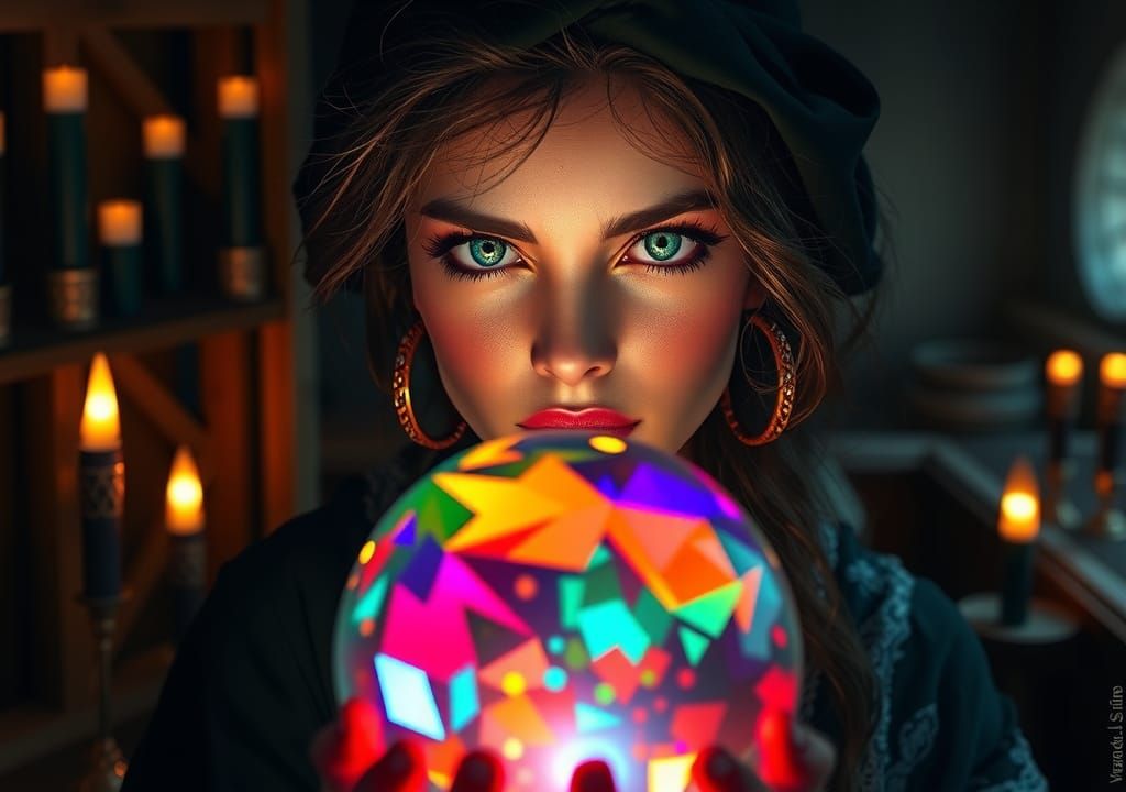 Gypsy Woman Gazing into Crystal Ball: Fantasy Art