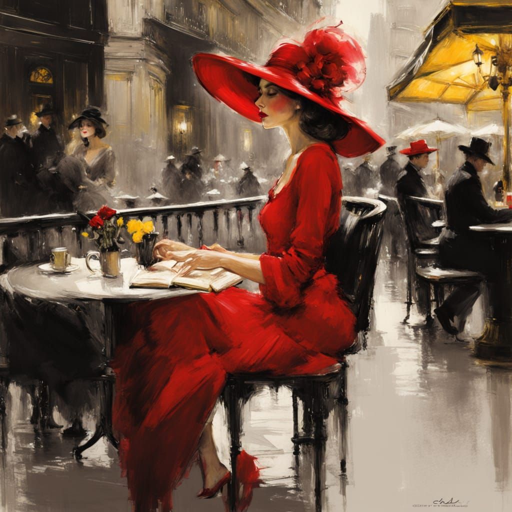 Stylish Parisian Woman in a Red Dress Sits in a Café