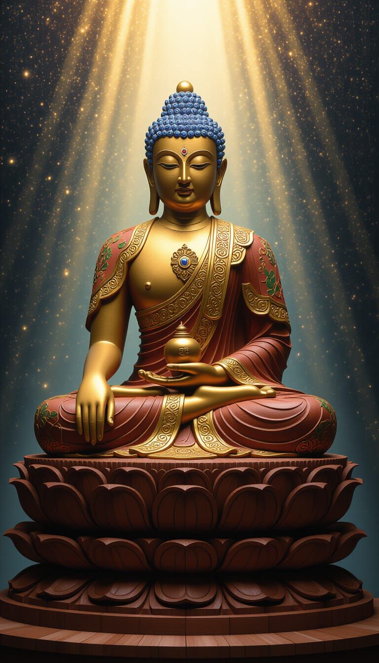 Wood-Carved Buddha with Golden Inlays in Matte Painting Styl...