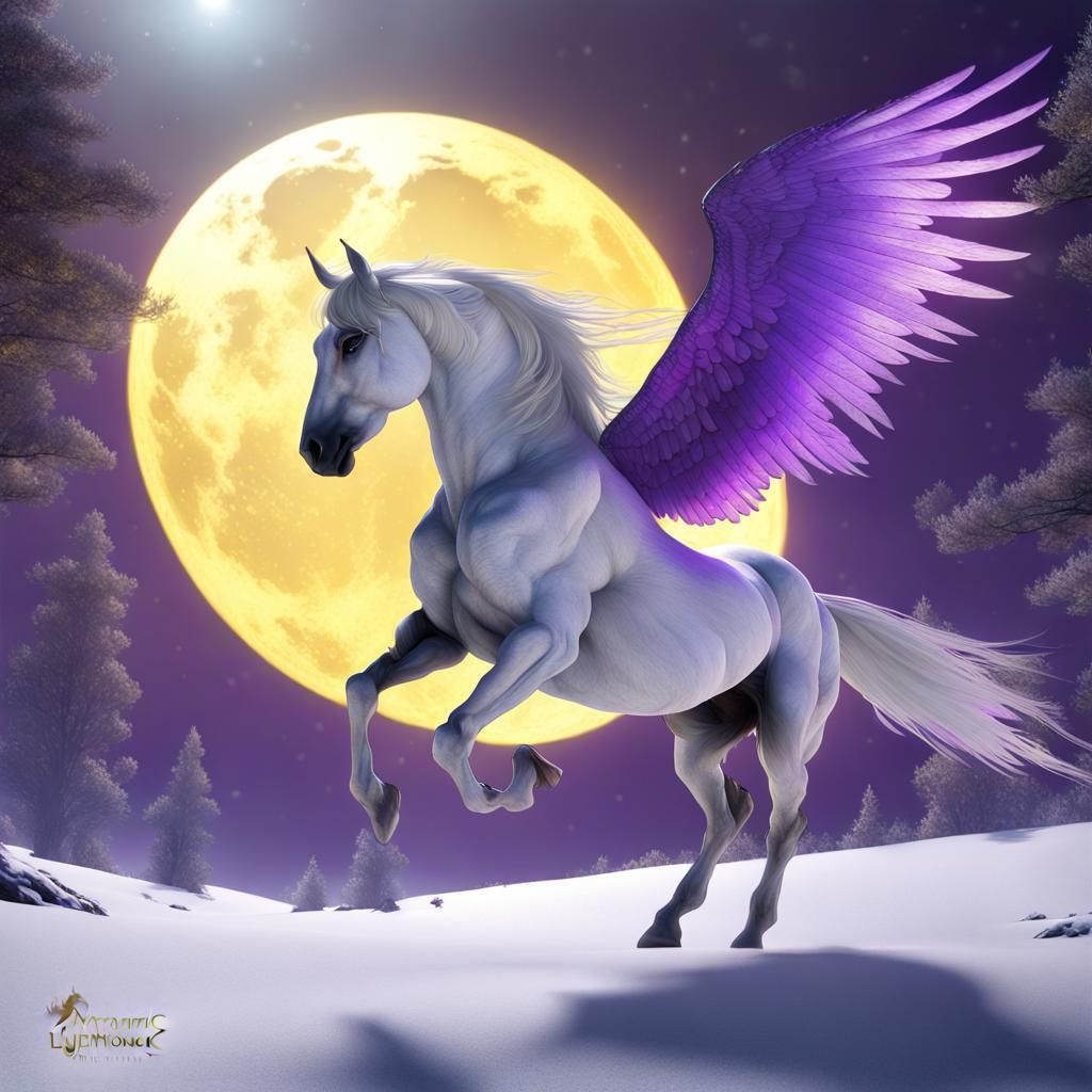 Pegasus Flies Past Moon: Dark Fantasy Concept Art