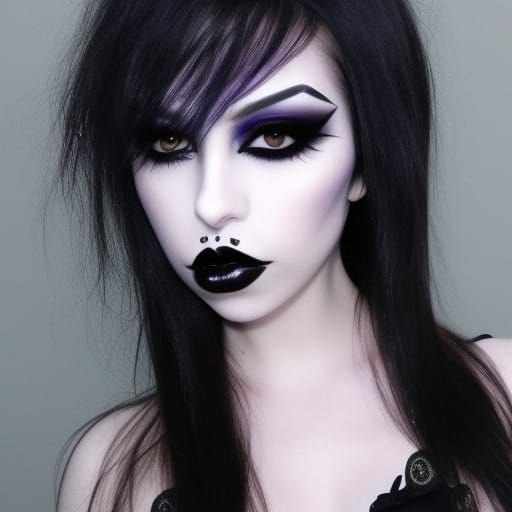 Gothic Woman who looks young for her age and she has job black hair and Beautiful almond shaped green eyes and oval shap...