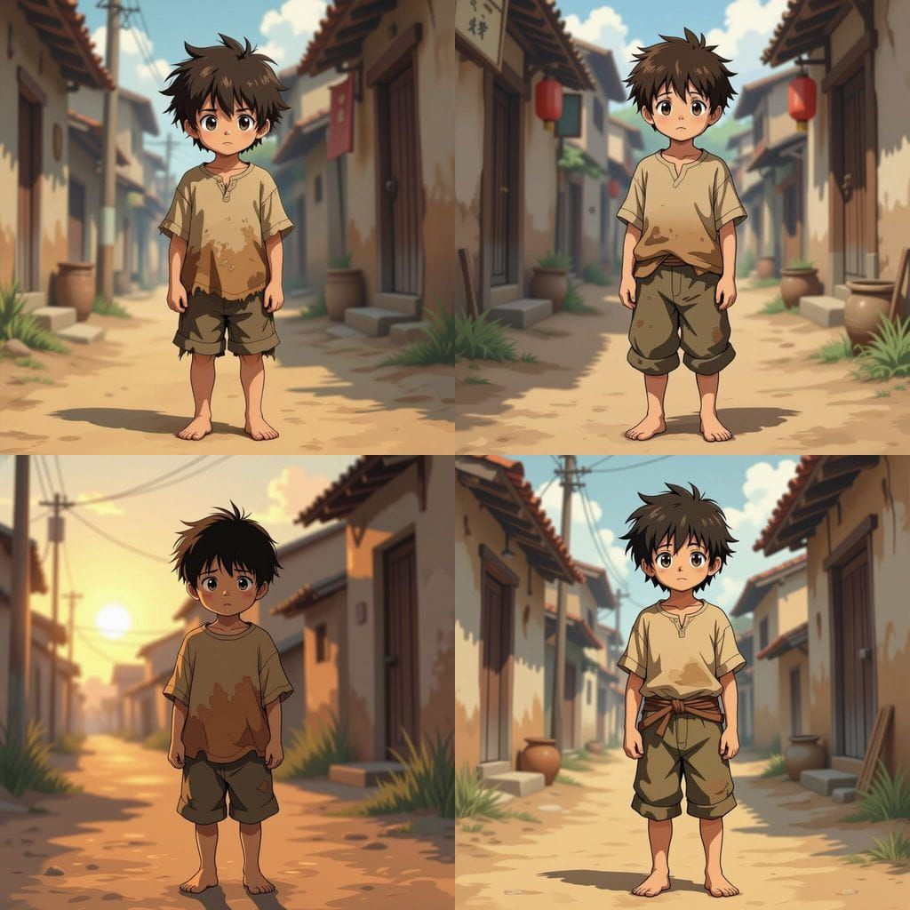 Child Villager in Gritty Street, Shounen Anime Style