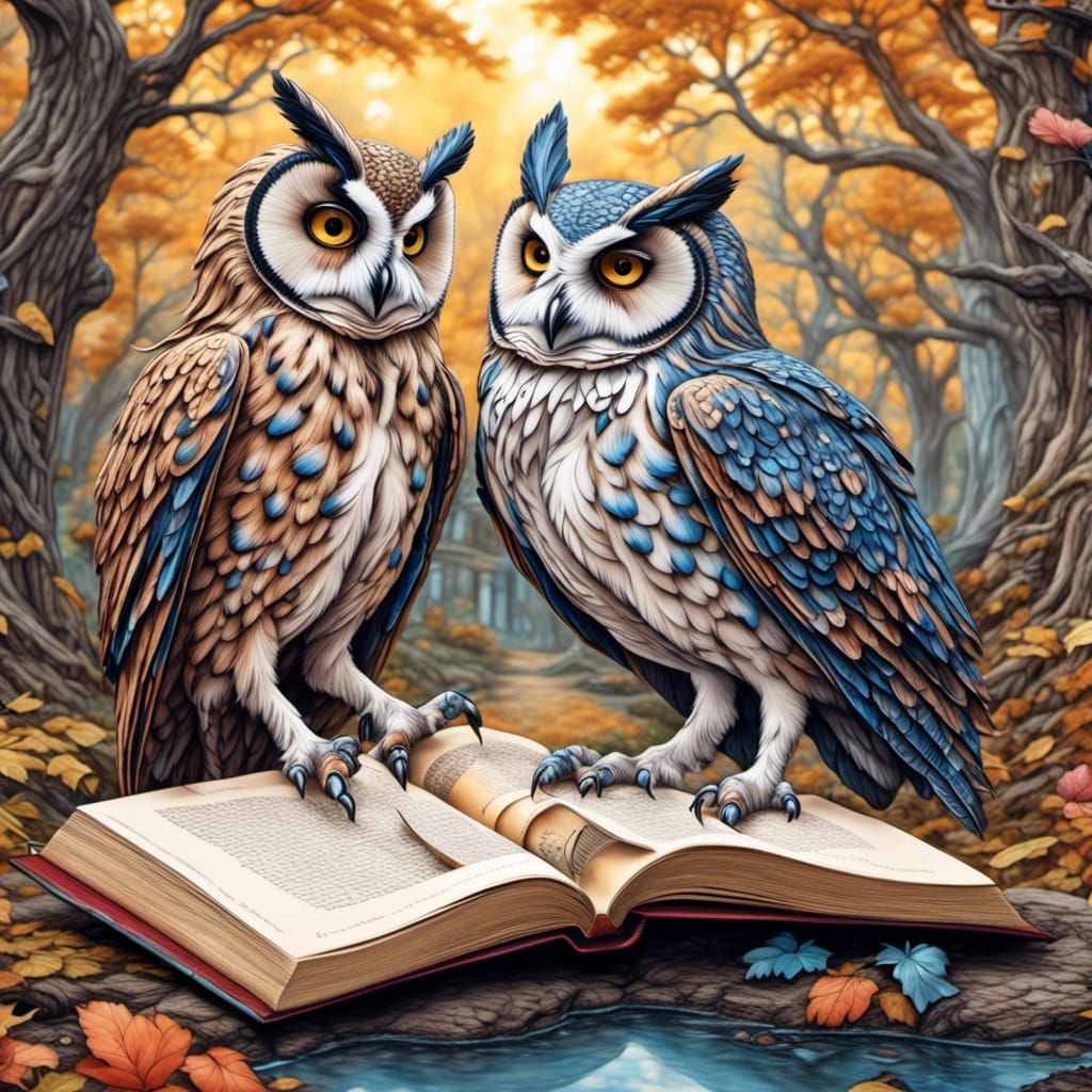 Anthro Owls in City Park, Colored Pencil Sketch