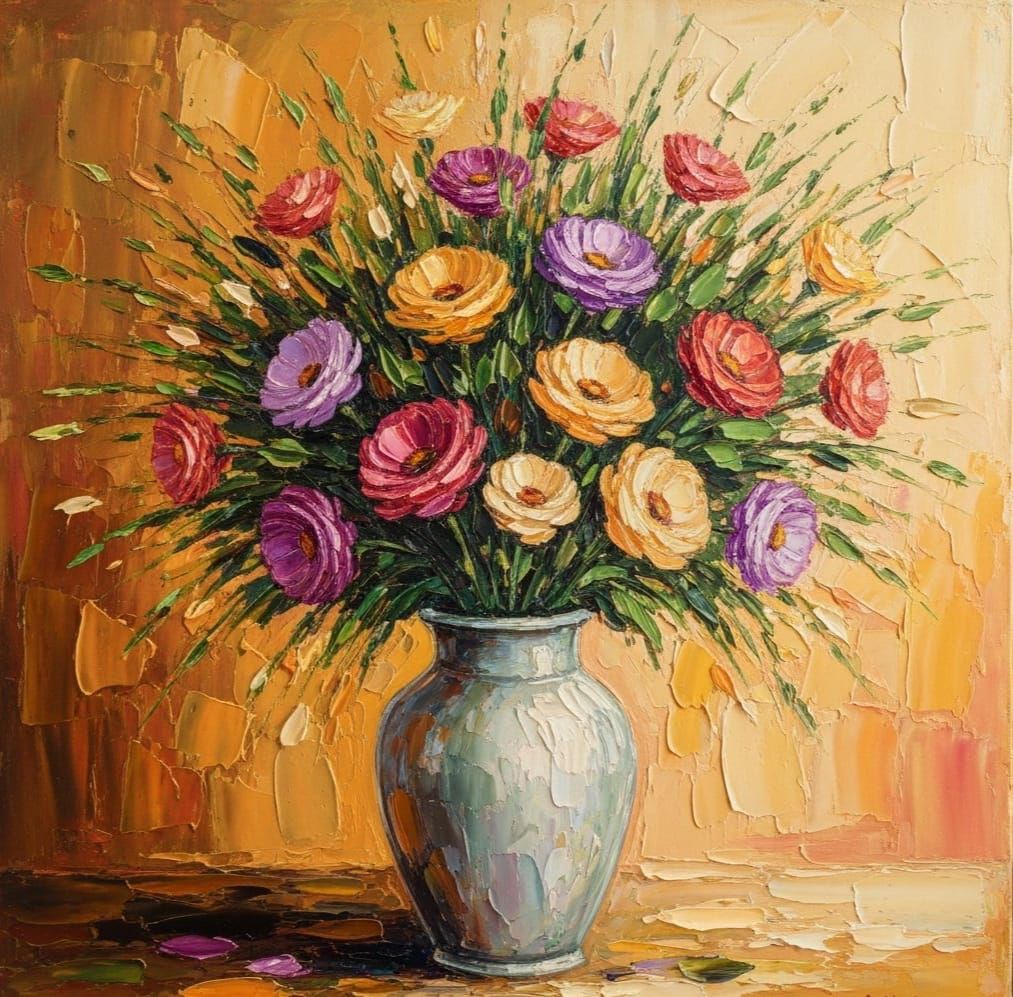 Vibrant Flowers in Vase: Impasto Oil Painting