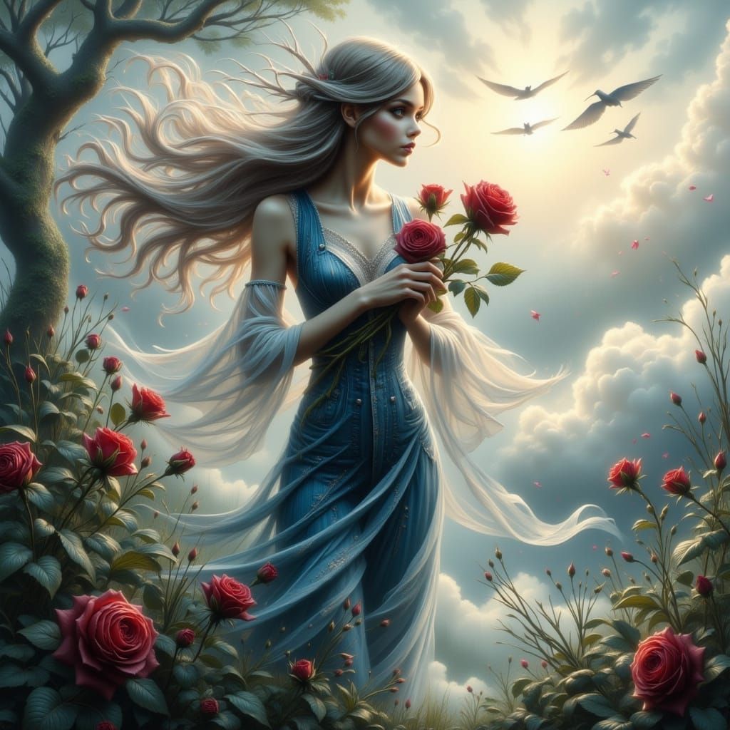 Elven Girl on Cloud with Roses, Fantasy Art