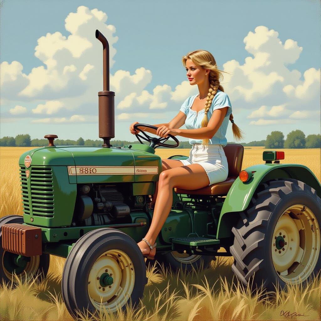 Farmer's Daughter Driving Tractor in Americana Style