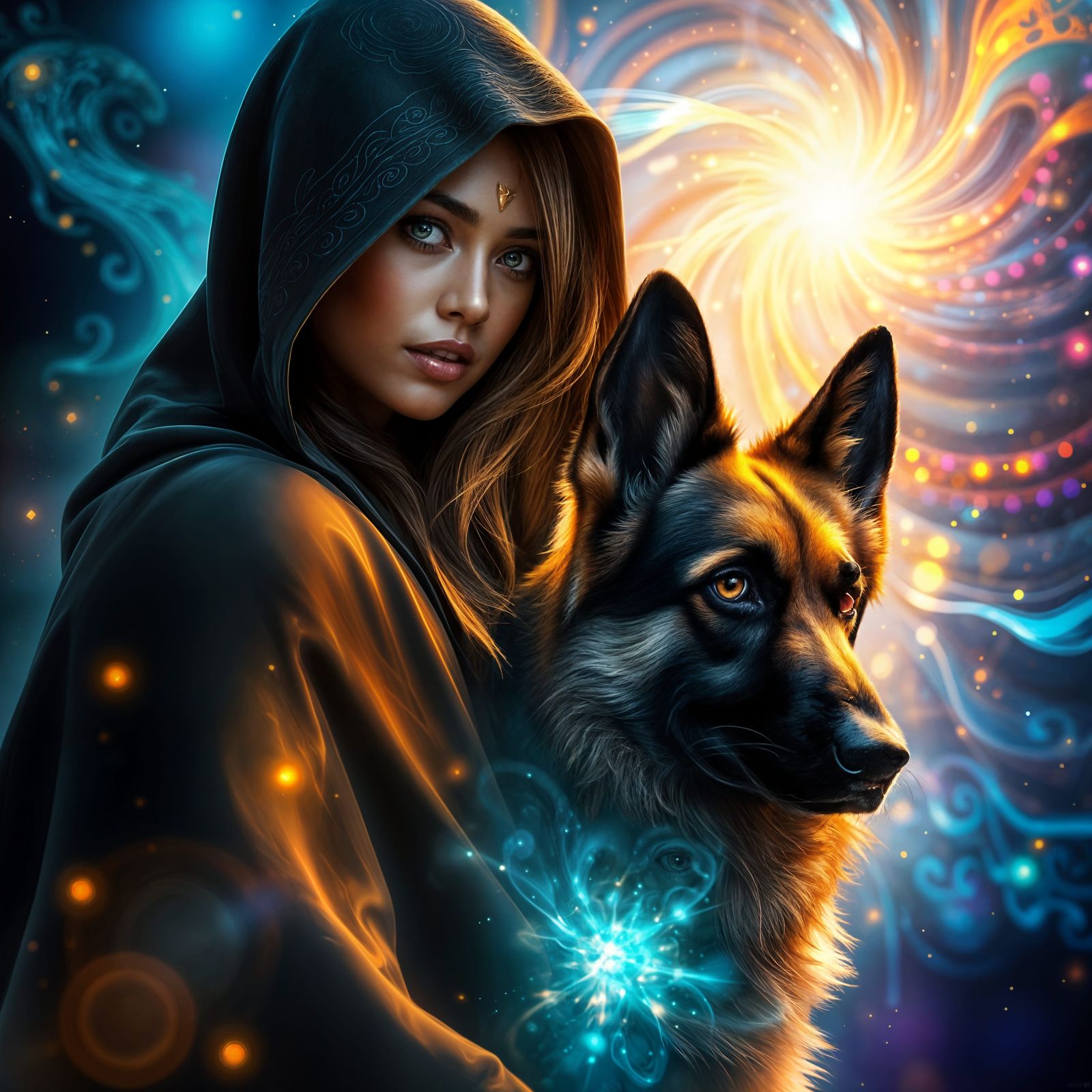 Mystical Woman and German Shepherd in Vibrant Aura