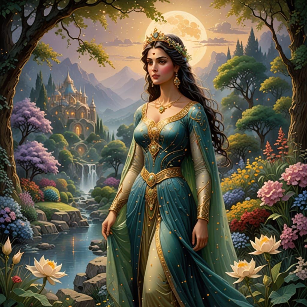 Achaemenid Queen in Moonlit Persian Garden