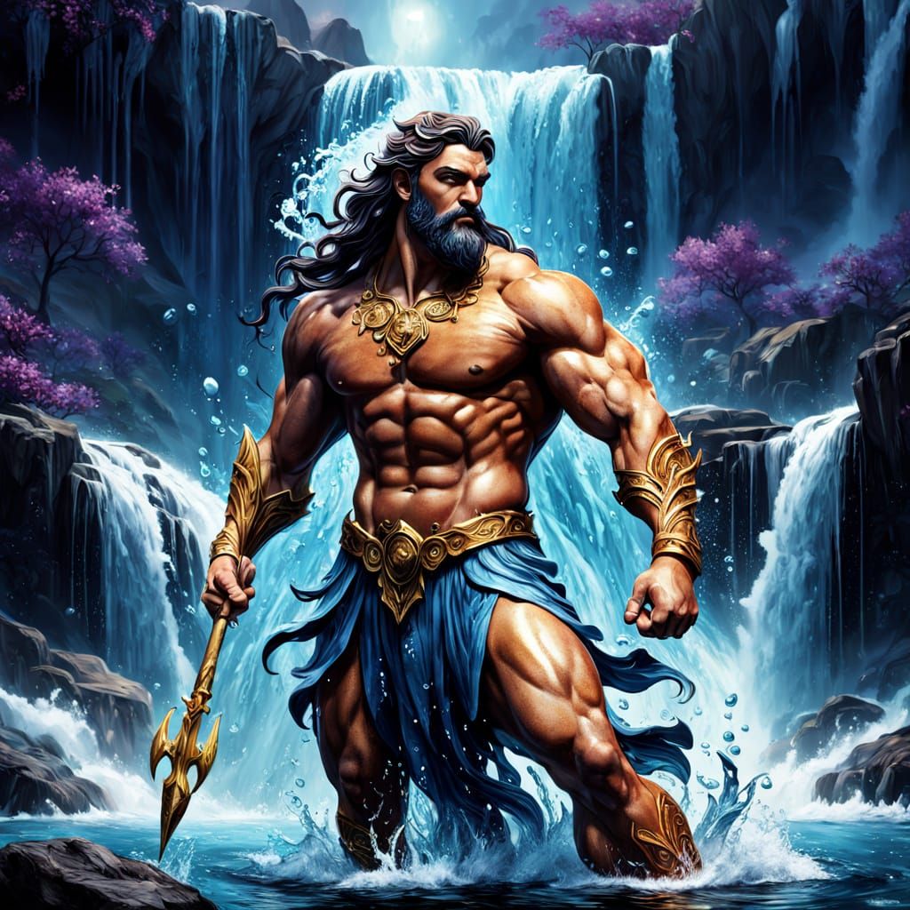 Hyperrealistic Poseidon Emerging from a Waterfall