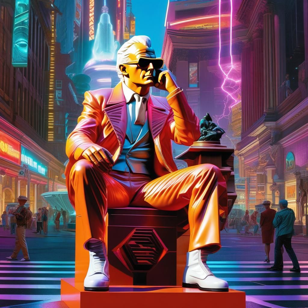 Max Headroom Statue in Retro-Futuristic Cyberpunk Town