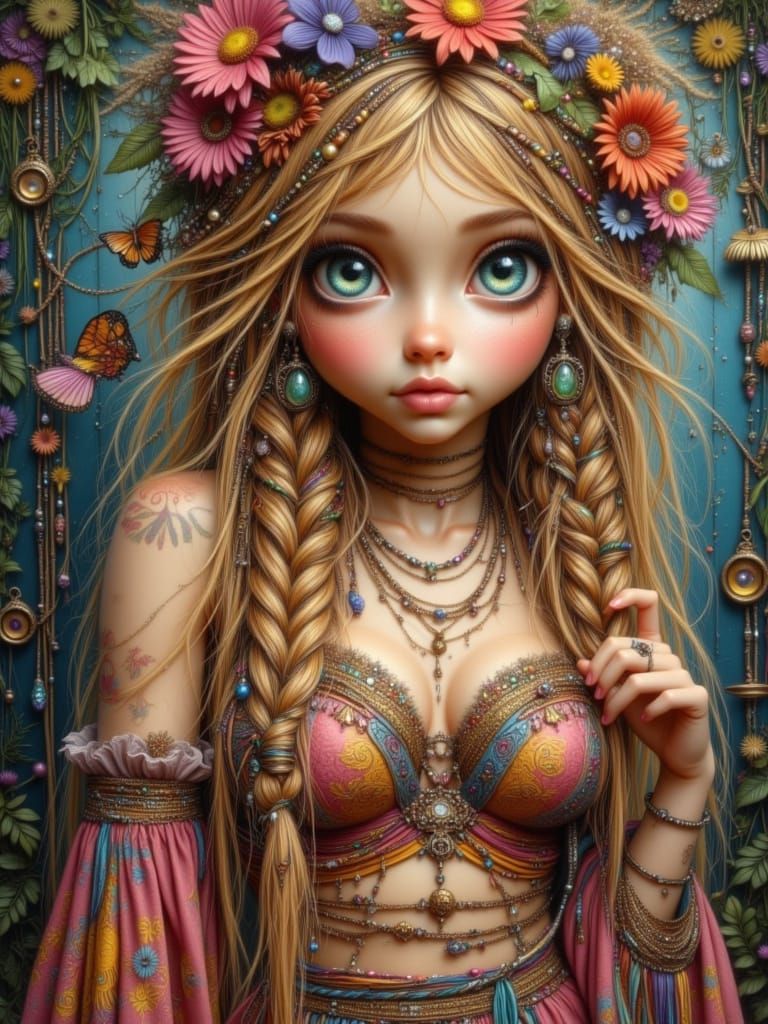 Bohemian Woman with Braids in Art Nouveau Style