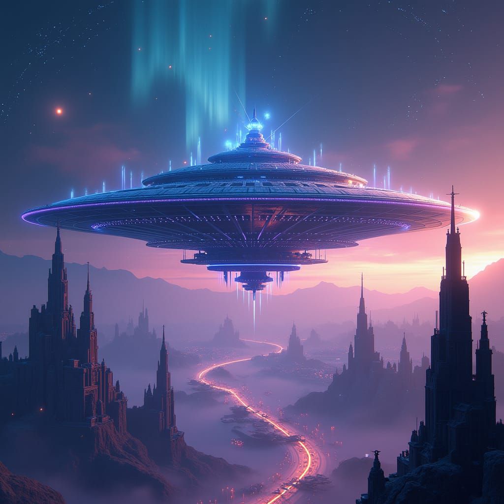 Futuristic Haunebu Mothership in an Iridescent Cityscape