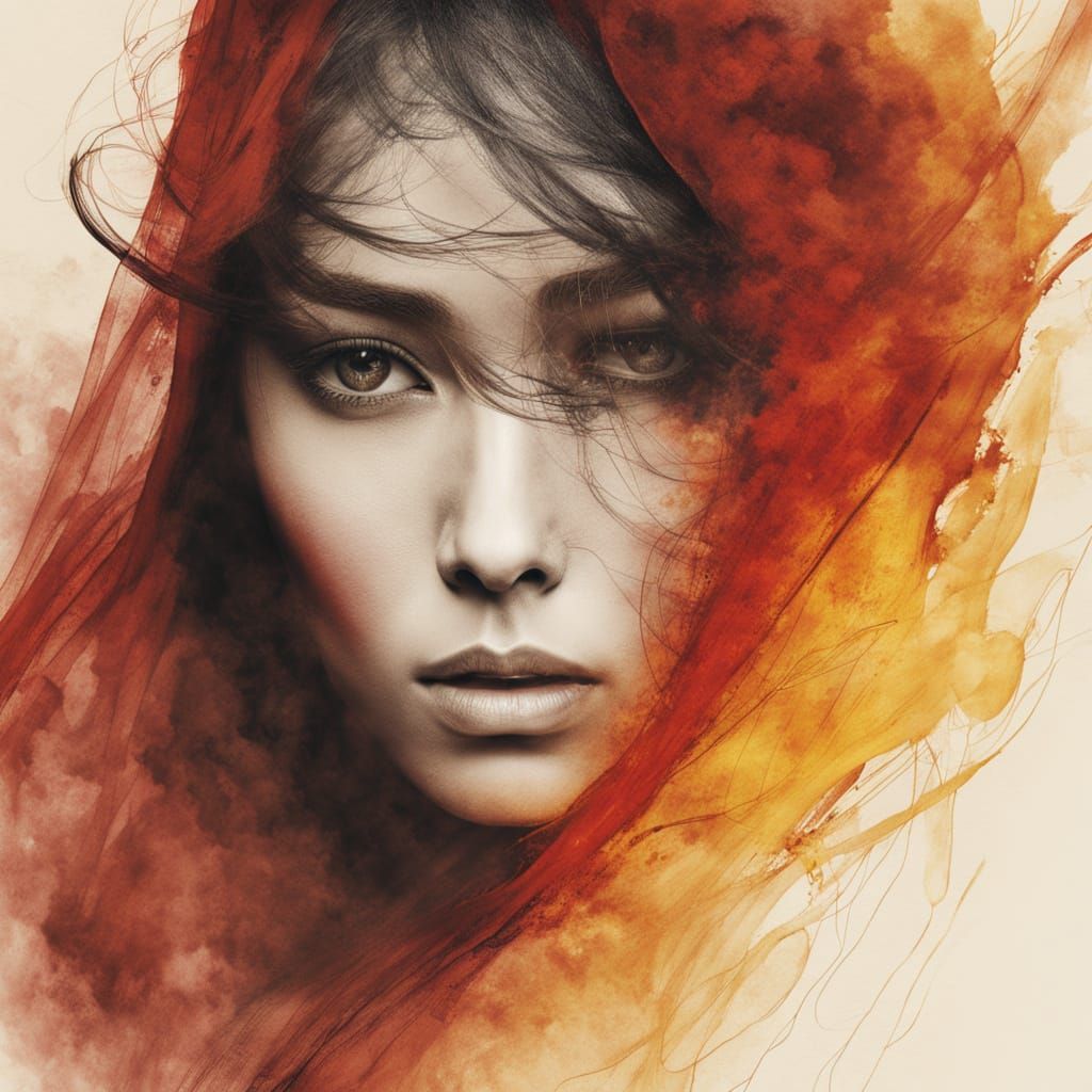 Ethereal Female Figure Surrounded by Fiery Streaks in a Vibr...