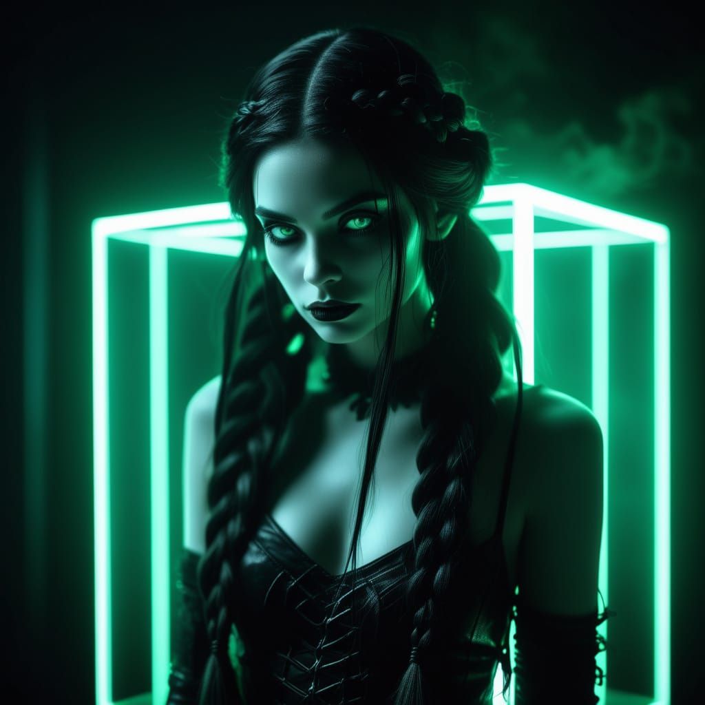 Regal Gothic Woman in Neon-Lit Nightclub
