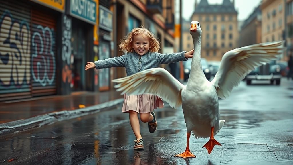 Girl and Goose Chase on Wet City Street