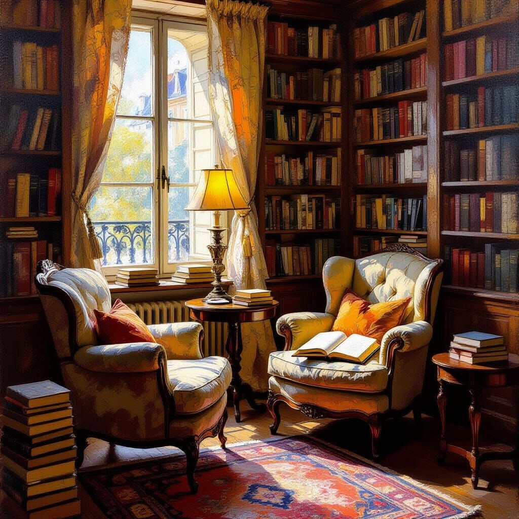 Cozy Library in Impressionist Oil Painting Style