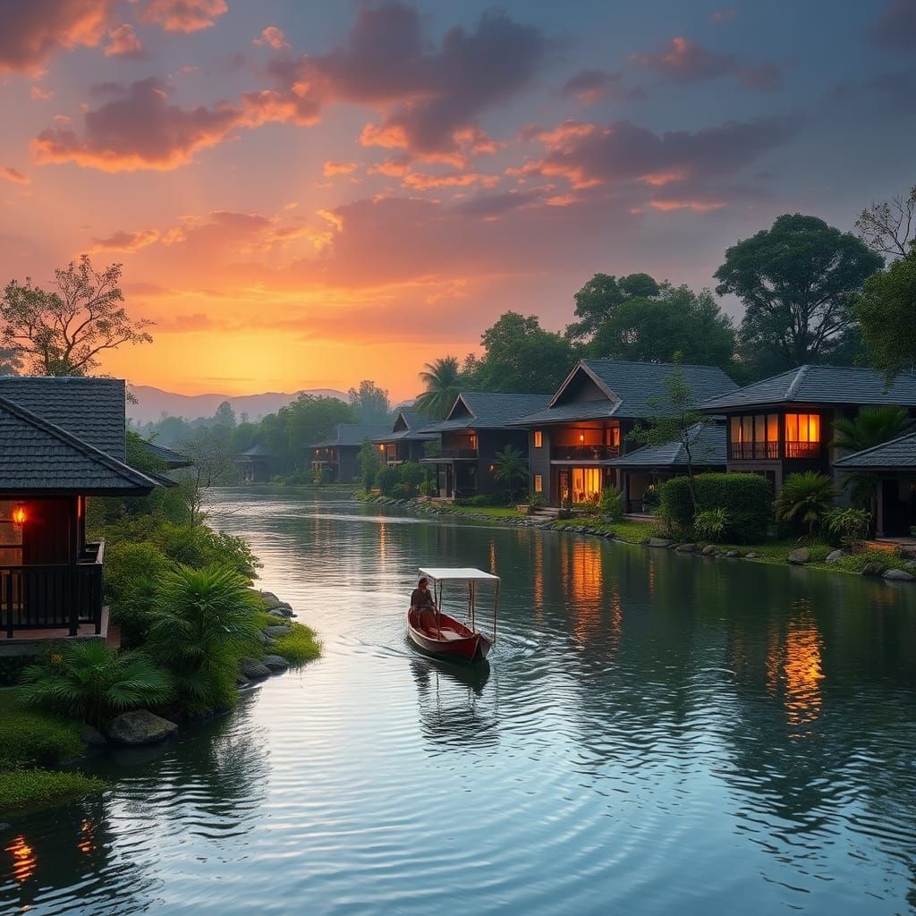 Elegant Sailboat on Moonlit River in Impressionist Style
