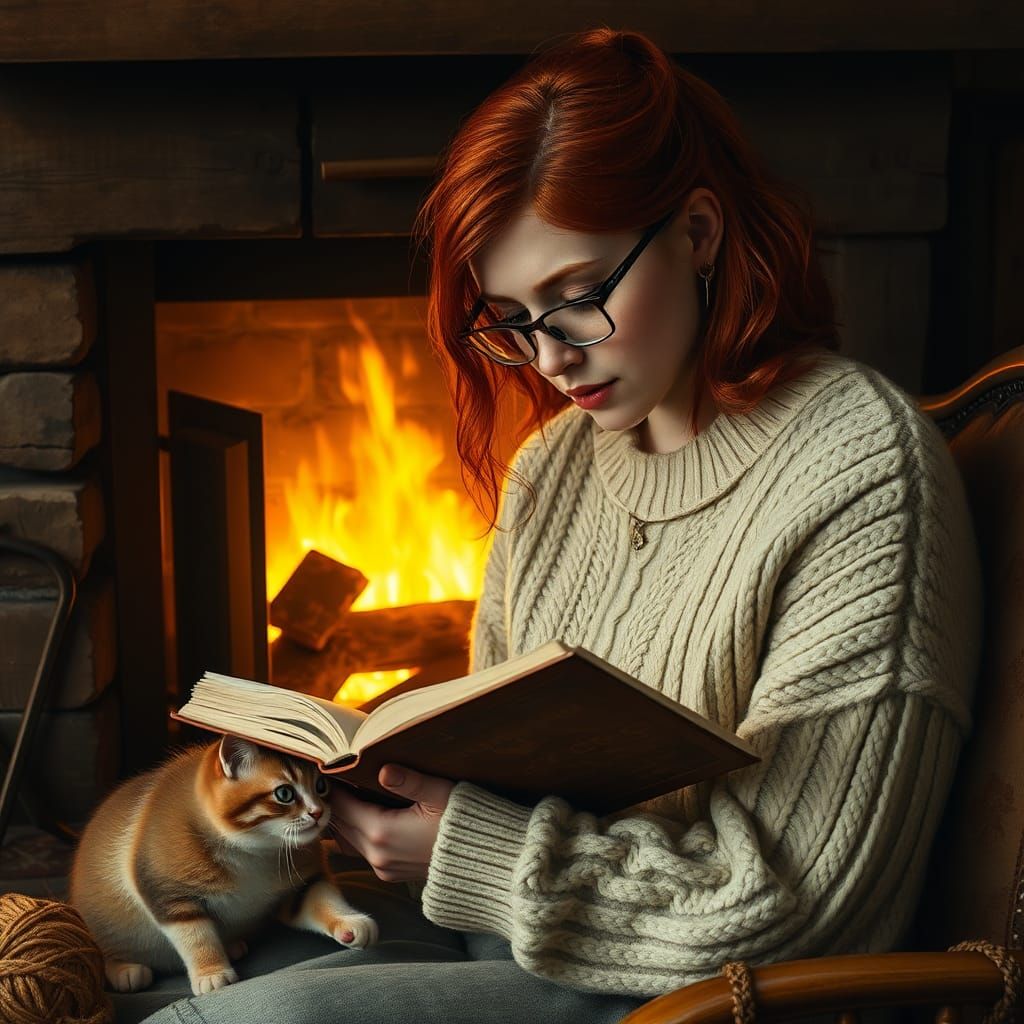 Woman Reading by Fireplace with Cat