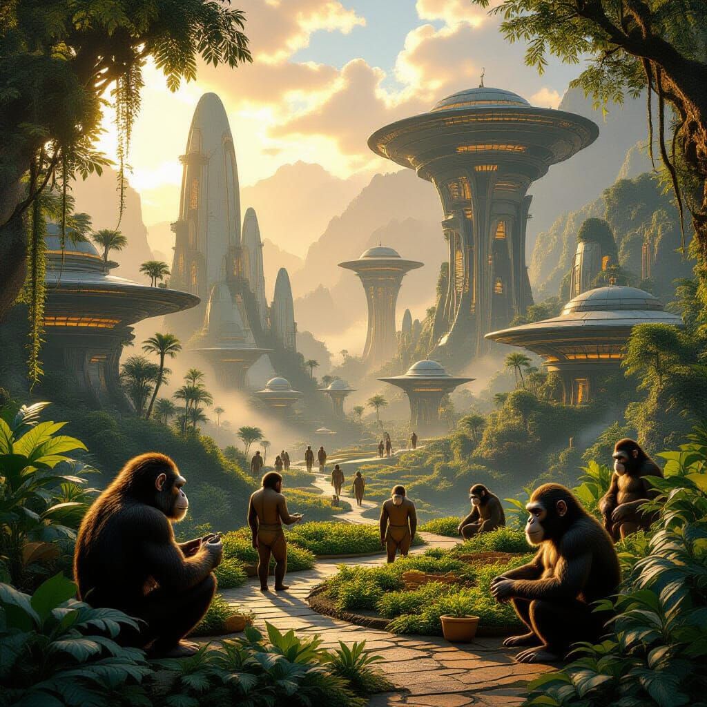 Intelligent Ape Civilization in Lush Jungle Landscape