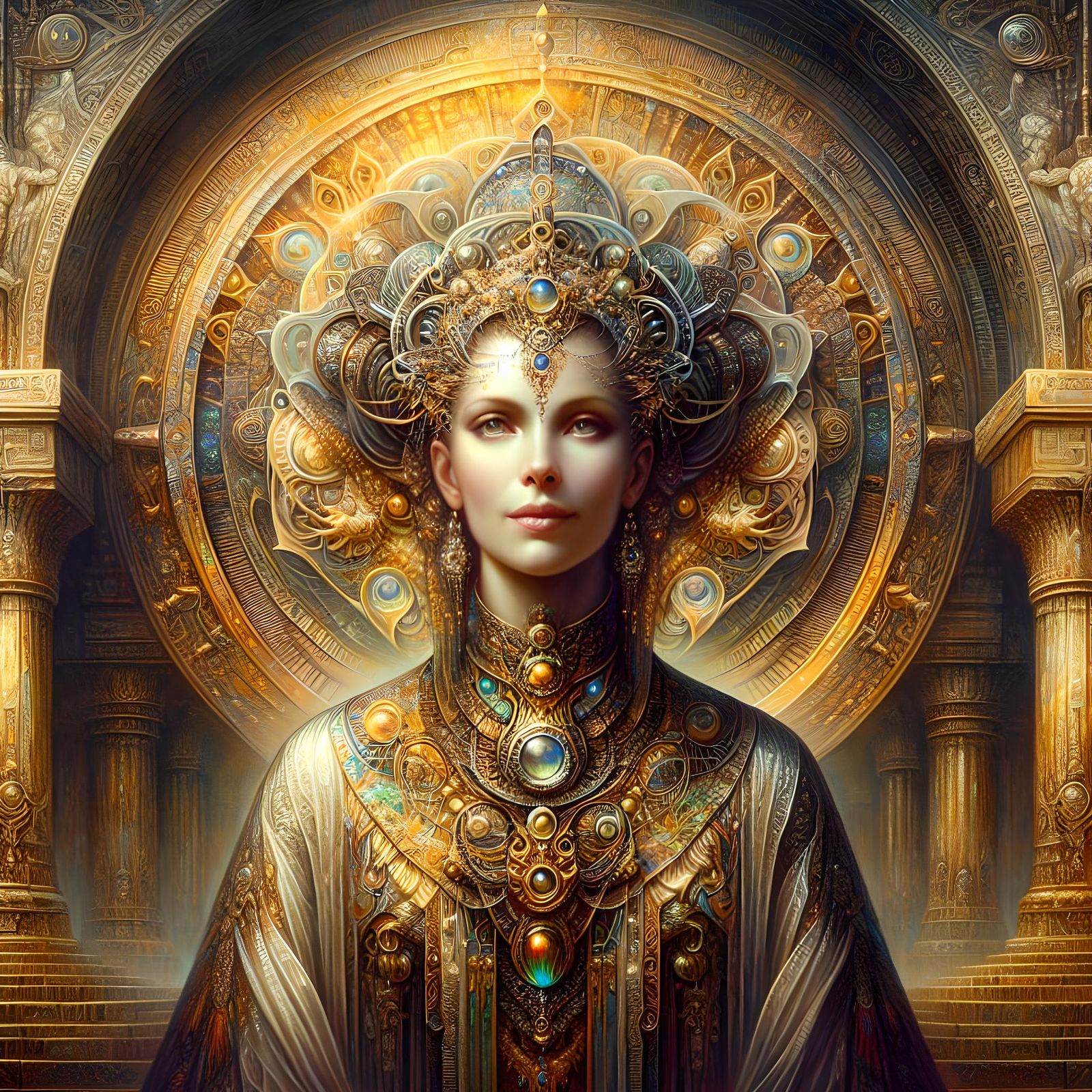 Lustrous Priestess in Art Nouveau Style Temple