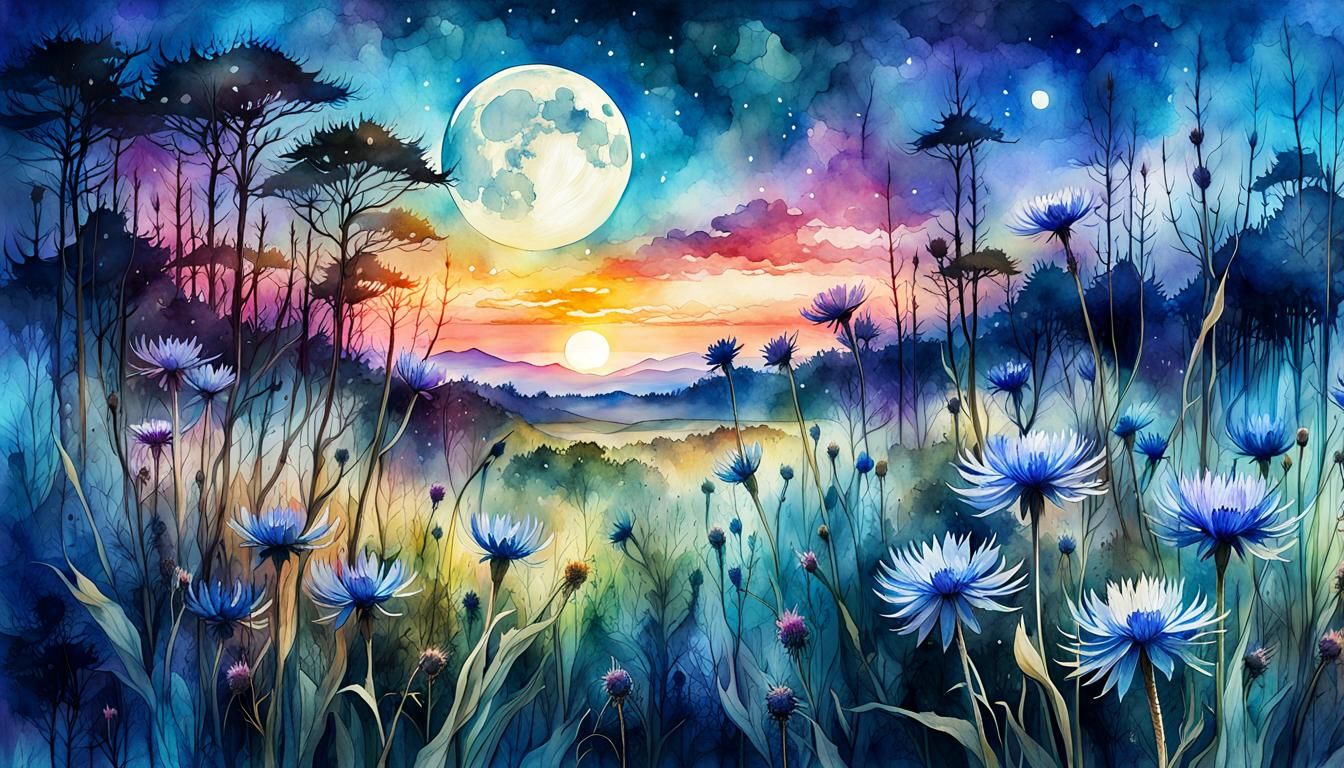 Cornflower Meadow under Bioluminescent Moon, Watercolor Art