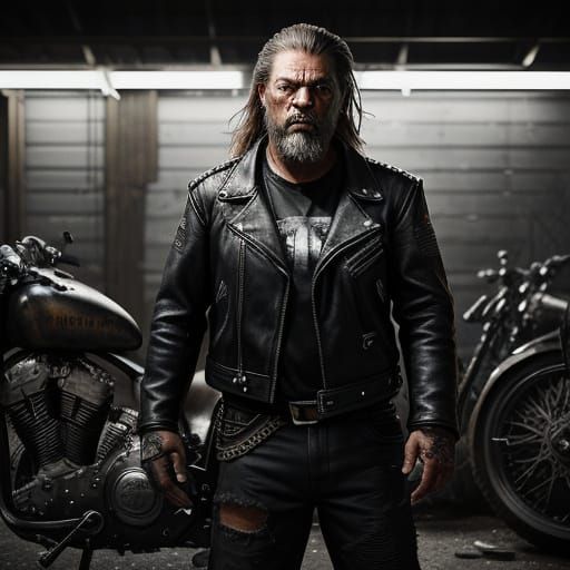 Grizzled Biker Defiant in Gritty Garage