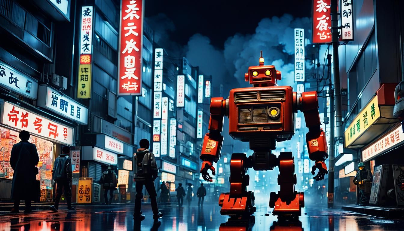 Vintage Robot in Cyberpunk Tokyo Street